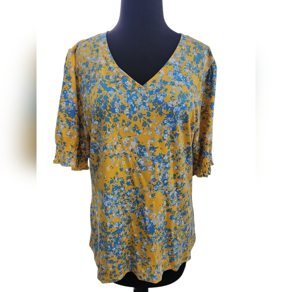 LIZ CLAIRBORN Floral Yellow and Blue Women's Top LARGE NWT